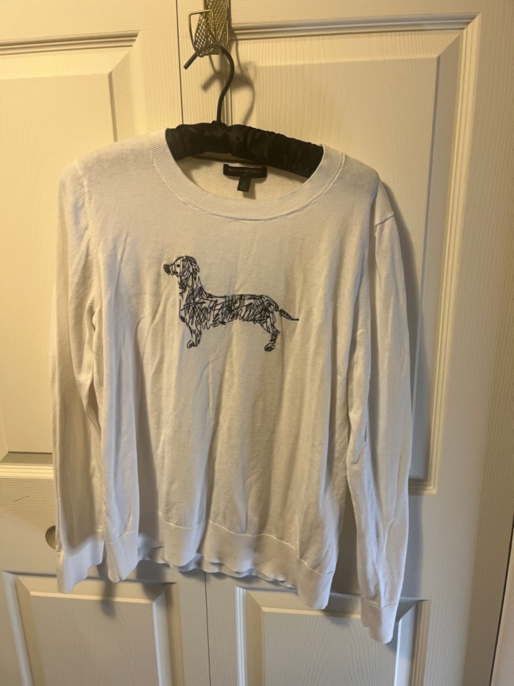 Banana Republic White Crewneck Sweater with Navy Dachshund Sketch